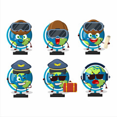 Pilot cartoon mascot globe ball with glasses