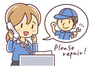 電話で修理の業者を頼む女性のイラスト（笑顔）