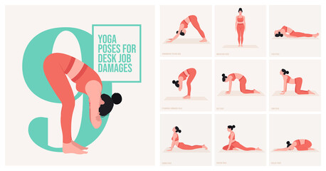 Yoga poses For Desk Job Damages. Young woman practicing Yoga poses. Woman workout fitness and exercises. - obrazy, fototapety, plakaty
