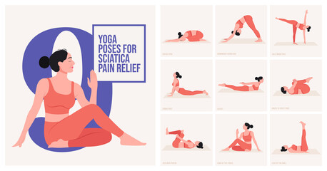 Yoga poses For Sciatica Pain Relief. Young woman practicing Yoga poses. Woman workout fitness and exercises.