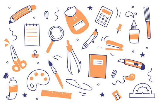School and office stationery set. Doodle pen, pencil, marker, notebook, ruler and backpack. Vector flat icons of education supplies, scissors, calculator, magnifier and paints