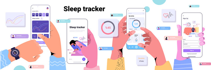 people using electronic smart watch app tracker on hand quality and quantity sleep control concept