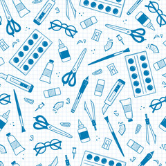 Fototapeta Doodle school stuff and stationery seamless pattern. Vector background with eraser, paints, scissors, pencil sharpener and paintbrush, glue, paper knife, glasses, compass and pin on checkered page obraz