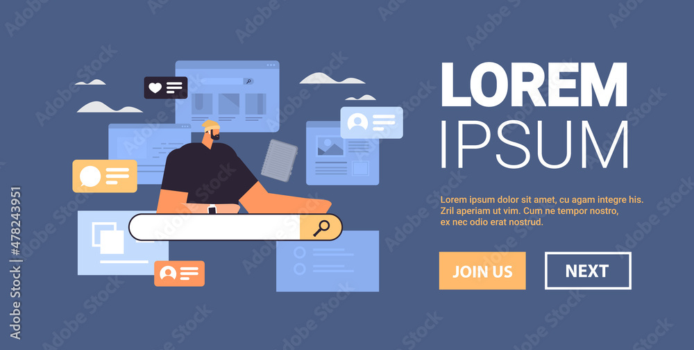 Poster businessman using web browser man searching information web page data analyzing online network searc