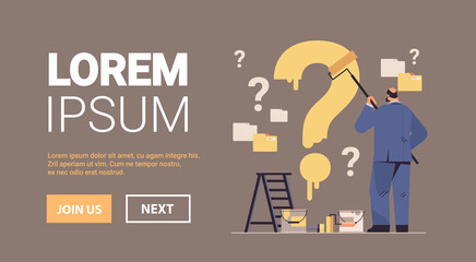 confused businessman painting question mark on wall frustration problem solution concept
