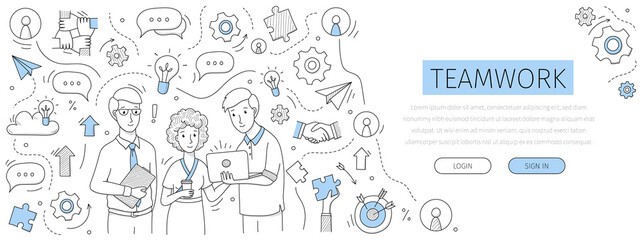 Fototapeta Teamwork landing page with doodle business people team and outline icons. Corporate employees discuss working issues, businessmen with laptop and woman holding coffee cup, Linear vector web banner obraz