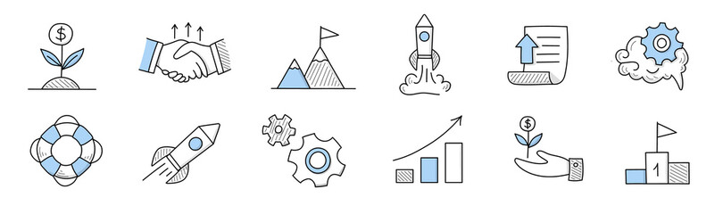 Set of doodle icons money plant, handshake, flag on rock peak, rocket startup launch, paper document, brain and gear. Lifebuoy, growing arrow graph, hand with seedling, Linear vector business signs