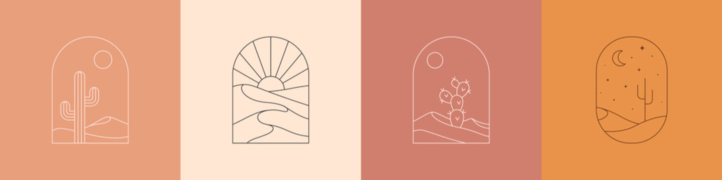 Boho Landscape Logos Set in Trendy Minimal Liner Style. Vector Bohemian Labels with Desert, Mountain, Sun and Moon
