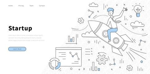 Startup banner with man fly on rocket. Concept of launch and management new business project. Vector landing page of start up company with doodle illustration of man on spaceship, charts and diagram © klyaksun
