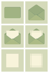 Vector document icon set of envelop in green color. There are opened, covered, blank page, paper, letter icons. This icon can use for letter, document, massage, greetings, themes and concept.