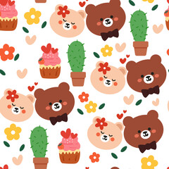 Seamless pattern cute cartoon animals with pink element. for valentine card, wallpaper, gift wrapping paper