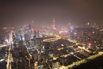 Fototapeta premium Aerial view of Skyline in Shenzhen city CBD sunset in China