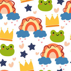 Seamless pattern cute cartoon frog with cute stuff. for kids wallpaper, fabric print, gift wrapping paper