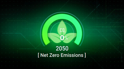 3D Digital dashboard of CO2 level gauge percentage drop down to 0. Net Zero Emissions by 2050 policy animation concept illustration, green renewable energy technology for clean future environment - obrazy, fototapety, plakaty