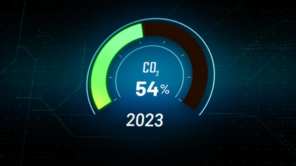 3D Digital dashboard of CO2 level gauge percentage drop down to 0. Net Zero Emissions by 2050 policy animation concept illustration, green renewable energy technology for clean future environment - obrazy, fototapety, plakaty