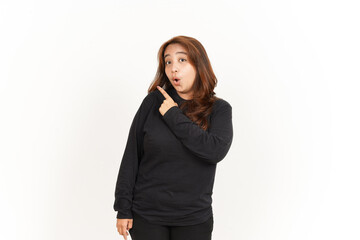 Pointing Aside Of Beautiful Asian Woman Wearing Black Shirt Isolated On White Background