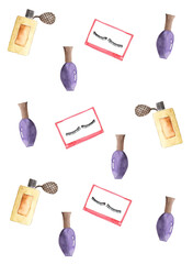 Pattern from a woman's cosmetic bag. False eyelashes, nail polish and perfume on a white background.
