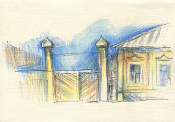 street with old wooden buildings with arch sketch  - 478246994