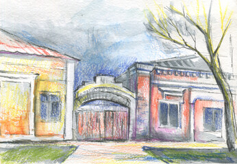 street with old buildings with arch sketch  - 478246995
