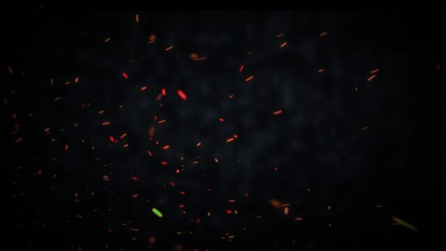Abstract Burning Hot orange Sparks Fire Embers Particles Fast Moving and smoke cloud Rising on black background. 4K 3D rendering seamless loop Fire Glowing Particles 
