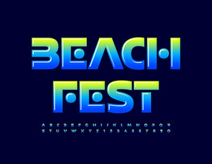 Fototapeta na wymiar Vector poster template Beach Fest. Trendy Glossy Alphabet Letters and Numbers. Unique Bright Font