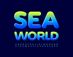 Vector creative Sign Sea World. Trendy Glossy Font. Artistic Alphabet Letters and Numbers set. 