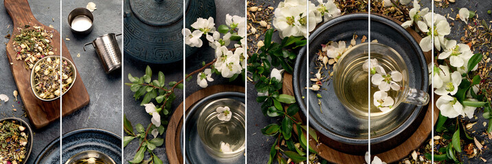 Collage of green herbal tea with cups and teapot.