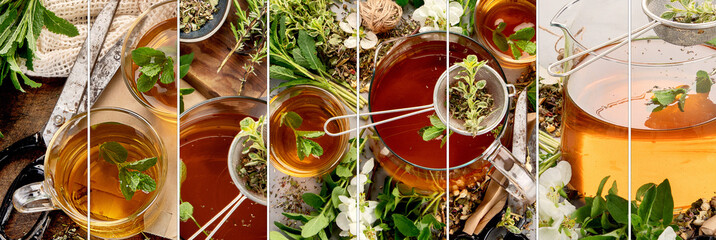 Fototapeta na wymiar Collage of herbal tea with cups and teapot.