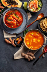 Traditional Thai food on dark background.