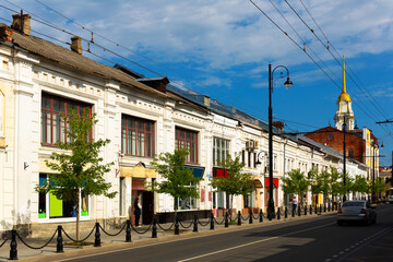 Fototapeta na wymiar Summer cityscape of Krestovaya Street, central street of Rybinsk city, Yaroslavl region, Russia