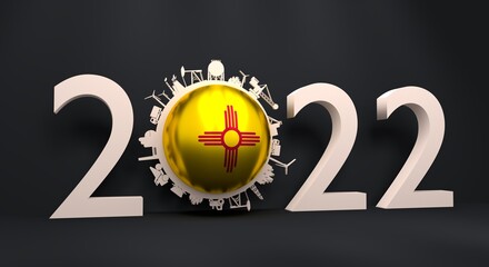 2022 year number with industrial icons around zero digit. Flag of New Mexico. 3D Render
