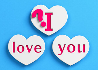 White-colored heart-shapes,  I love you text, question mark symbol. On blue-colored background. Horizontal composition with copy space. Isolated with clipping path.