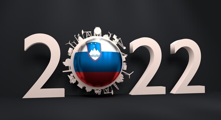 2022 year number with industrial icons around zero digit. Flag of Slovenia. 3D Render