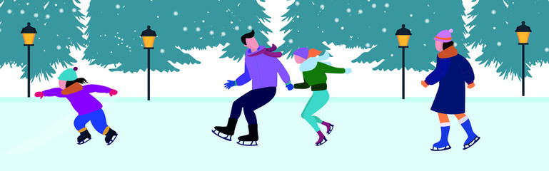 Crowd of active cartoon people ice skating on rink vector flat illustration. Man, woman, children, family and couple outdoors activity isolated on white. Colorful person in seasonal outerwear
