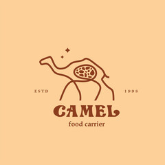 monoline camel with food in the stomach, desert animal logo design with stars and vector lines suitable for travel and food logos