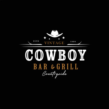 Cowboy hat silhouette with star for western rustic retro bar and grill logo design