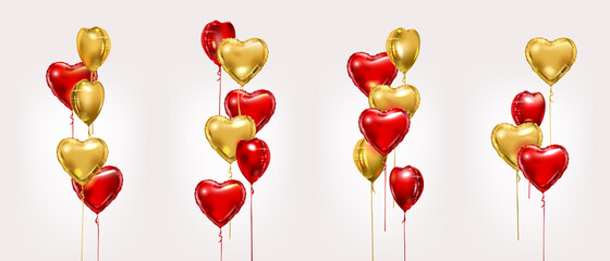 Red and gold foil balloons. Vector heart shape air balloon compositions set. Valentine day or birthday party decoration elements. - 478250559