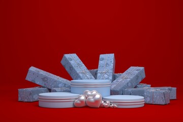 Three round empty stands for objects on a red background. Gift boxes and hearts. Valentine's day. 3d illustration