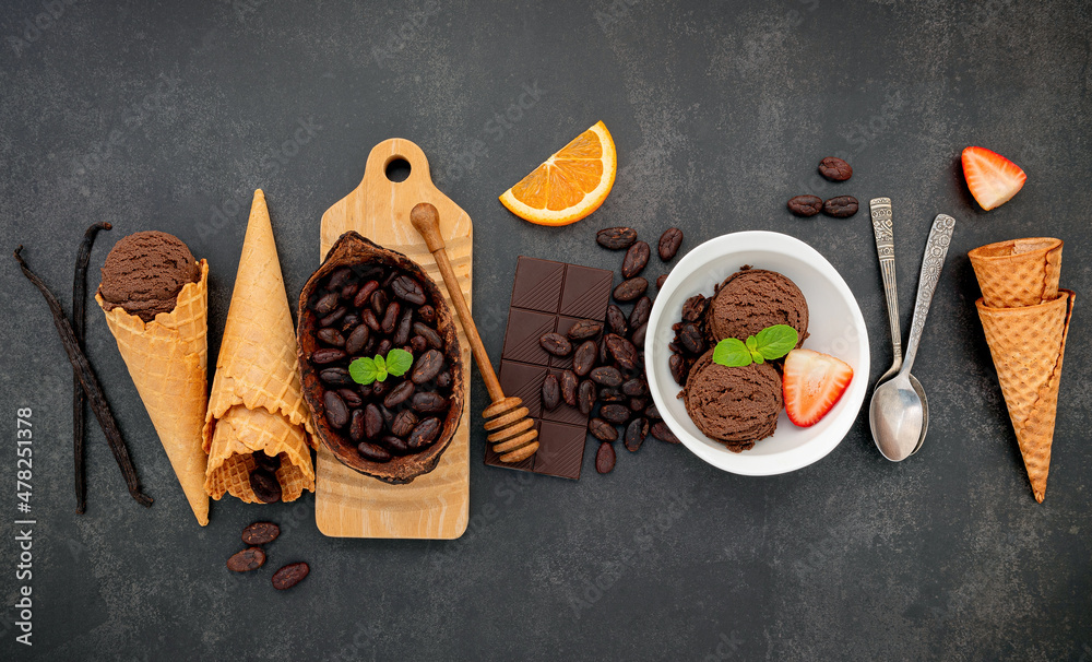 Poster chocolate ice cream flavours in bowl with dark chocolate and cacao nibs setup on dark stone backgrou
