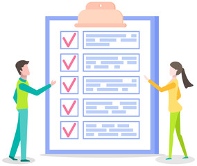 Month scheduling, to do list, time management concept. Man and woman stand near to do list and discuss schedule. Plan fulfilled, task completed, timetable sheet. People work with check list planning