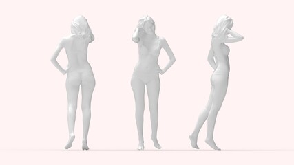 3D rendering of a young slim sexy woman posing in a bikini isolated on empty space background. Multiple views, front side, back.