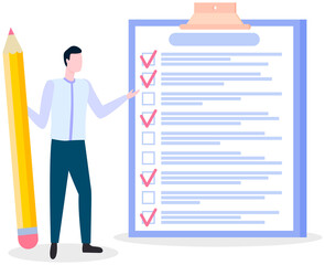 Month scheduling, to do list, time management. Businessman stands near checklist and planning. Plan fulfilled, task completed, timetable on paper sheet. Check list plan, schedule creation concept