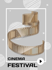 Vector illustration of cinema festival and film strip on gray background. Picture with movie screening for relaxation and entertainment. Concept of video equipment, shooting and cinematography