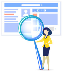 Businesswoman enlarges documents using magnifier. Idea of search for data and analysis. Lady stands with huge magnifying glass. Search for solution, business strategy, idea of new project concept