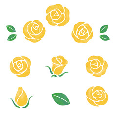 水彩タッチの黄色い薔薇　手描きバラのイラストセット