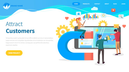 Communication with people, attracting customers, increase popuarity of site. Website template, landing page with magnet in flat style. Colleagues work in marketing, advertise internet program