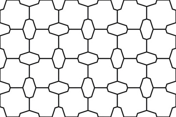 Simple repeating elongated hexagons alternating in a regular square shapes grid pattern in black outline on a white background, geometric vector illustration