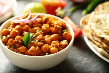 Bowl of chickpeas curry, chana, masala, Indian traditional vegetarian recipes.