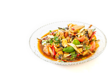 Papaya salad in a plate on a white table background, Somtam Thai Food