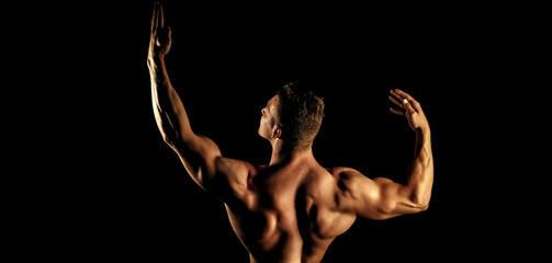 Bodybuilder man with muscular torso back and hands. Banner templates with muscular man, muscular...